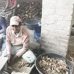 Artisan making bone chip from raw bone.