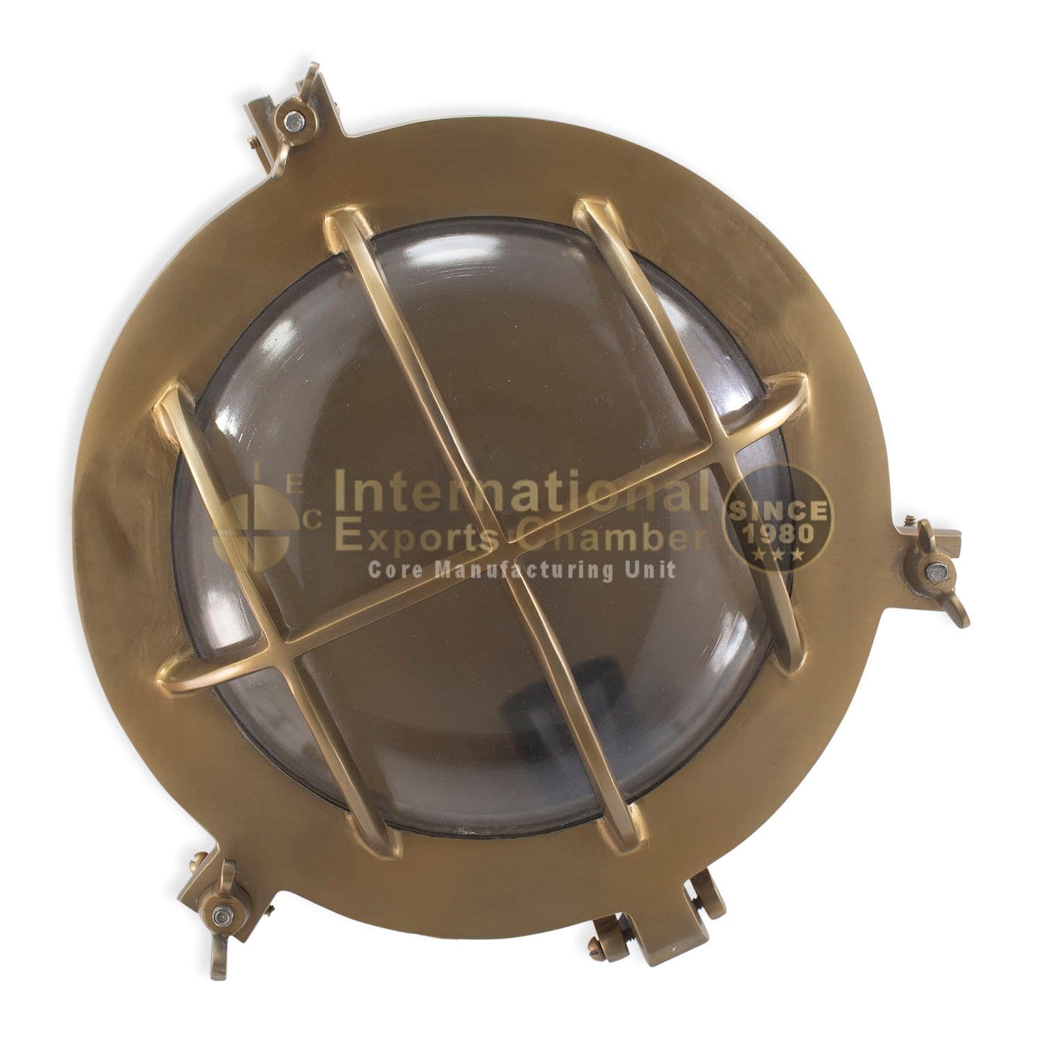 Solid Aluminium Round Porthole D27cm/10.6" Wall Light - Antique Brass Finish - Vintage Caged Bulkhead Wall Mount - Clear Glass Nautical Marine Sconce - Industrial Outdoor/Indoor Lamp
